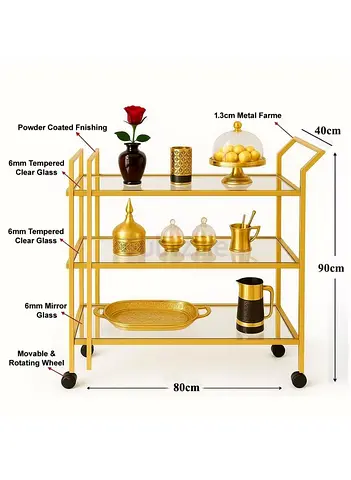 Gold Metal Bar Serving Trolley on Wheels - 3-Tier Drinks Cart Restaurant Furniture Supplier Dubai