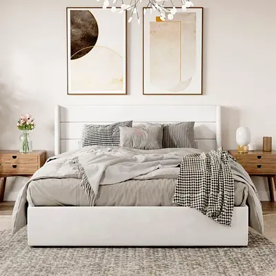 White Upholstered Queen Bed with Padded Headboard