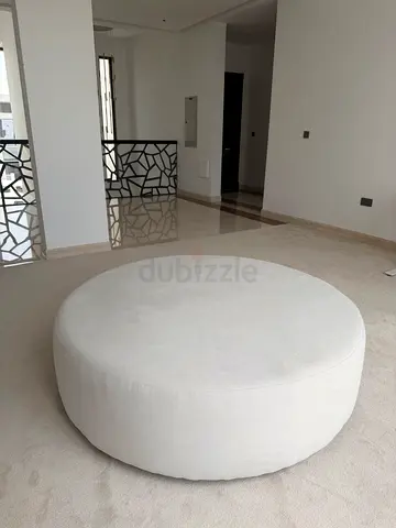 Large Round White/Clear Beige Floor Pouf / Ottoman - Good Condition