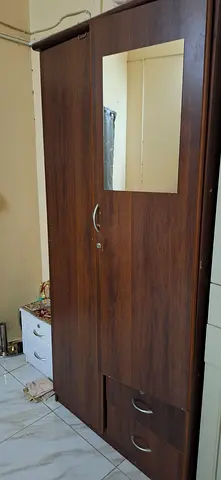Dark Wood 2-Door Wardrobe with Mirror and Drawers - Good Condition