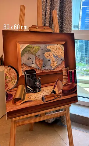 Vintage-style Still Life Painting with Map, Camera and Nautical Objects (60x60 cm). Whatsapp or chat
