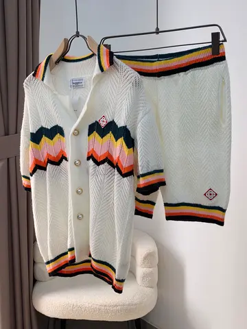 Casablanca Cream Knit Cardigan and Matching Skirt Set with Multicolor Stripes