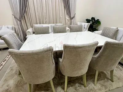 Like New 8 Seater Marble Faris Dining Table Set with Elizabeth Dining Chairs