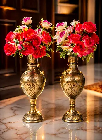 Pair of Decorative Brass-Style Vases with Artificial Roses