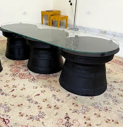 Pottery Barn “Frog Drum” Statement Coffee Table With Top Glass