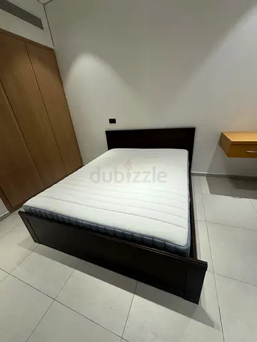 Dark Wood Double Bed Frame with Mattress (Good Condition)