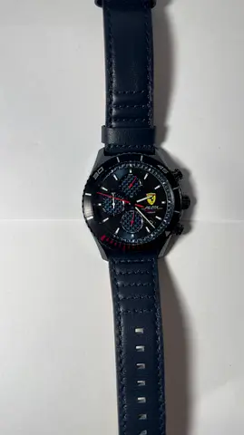 Mens black chronograph analog sports watch with blue leather strap