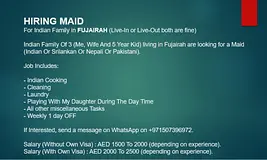 HIRING MAID (For Indian Family of 3 in FUJAIRAH)