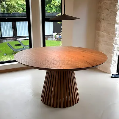 Custom Round Wooden Dining Table with Fluted Pedestal Base – Modern Solid Wood Statement Table