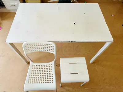 White Simple Desk with Matching Chair and Small Stool - Used