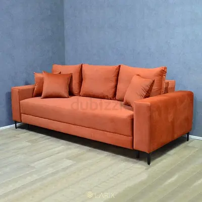 Modern orange 3-seater sofa with cushions