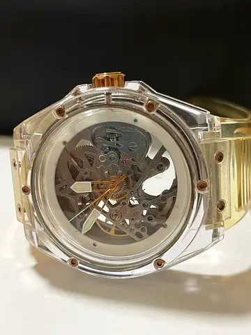 Police Skeleton Mechanical Watch with Gold Accents