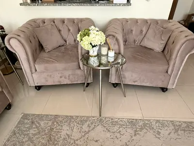 Pair of Velvet Chesterfield-Style 2-Seater Sofas - Light Taupe