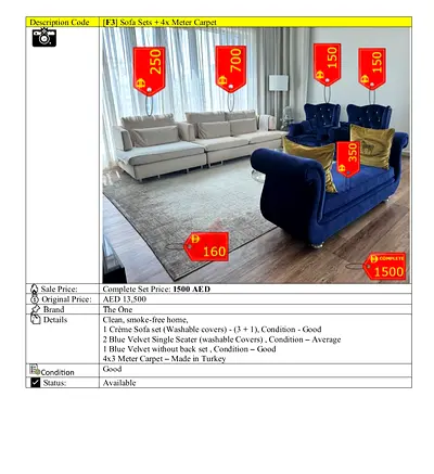Urgent Sale Sofa Set (3+1) with Blue Velvet Single Seaters and 4x Meter Grey Carpet - Good Condition
