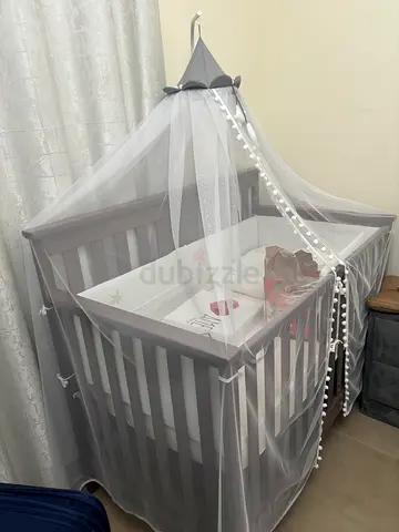 Grey Baby Crib with Canopy and Mattress - Good Condition