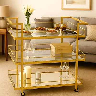 Gold Metal Bar Cart with Glass Shelves - 3 Tier Serving Trolley