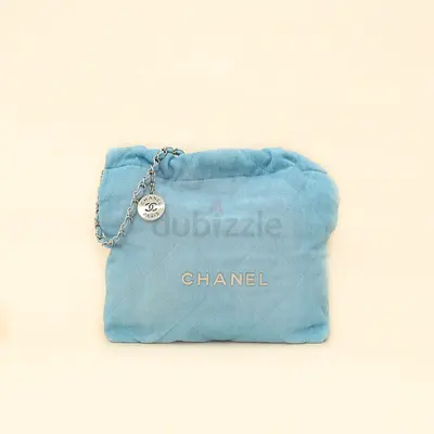 Authentic Chanel Light Blue Quilted Washed Denim Chanel 22 Small Bag
