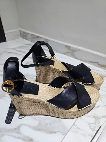 Tory burch Black Leather Cross-Strap Espadrille Wedge Sandals, Size 41
