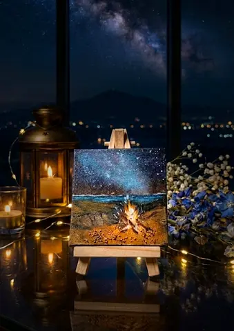 Miniature Night Sky Campfire Canvas on Easel - Handpainted
