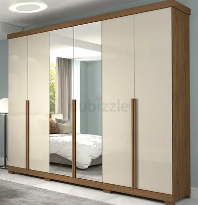6-Door Modern Glossy Wardrobe with Mirror Panels — Light Wood Finish