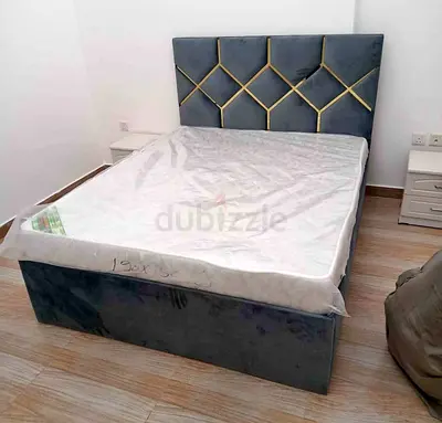 Velvet Double Bed with Padded Headboard and with mattress Base - Grey