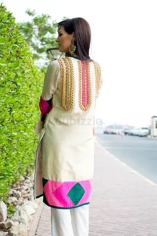 Light Cream Embroidered Pakistani Kurta with Pink  Green Hem, Size Approx S/M