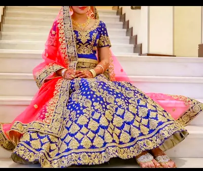 Blue Gold Embroidered Lehenga with Pink Dupatta - Maroon Gold Bridal Wear- Pink diamond work Bridal