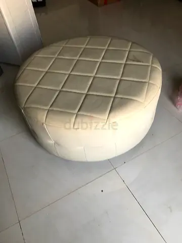 Round White Quilted Ottoman / Pouf - Good Used Condition