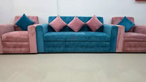 3 + 2 Seater Velvet Sofa Set - Blue  Pink