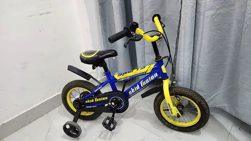 Kids 12 Blue  Yellow Bicycle with Training Wheels — Good Condition