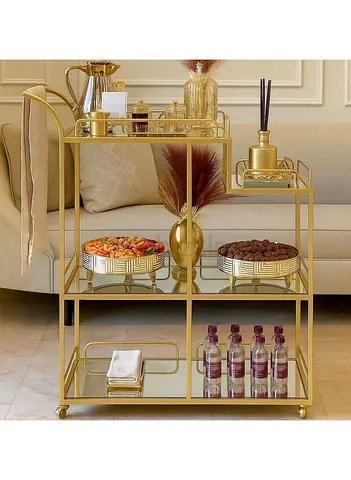 Gold Metal Bar Cart / Serving Trolley with Glass Shelves