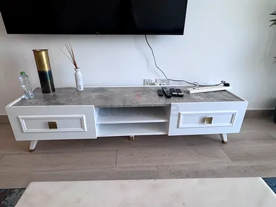 Low Modern TV Console / Entertainment Unit - White with Marble Top