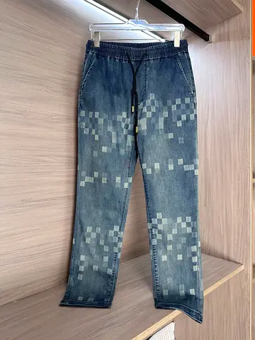 Mens Casual Drawstring Denim Joggers with Checkered Fade