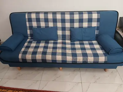 Blue Checked 3-Seater Sofa Bed with Cushions - Good Condition