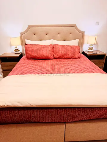 Upholstered Double Bed with Headboard and Storage Base + Mattress and Pillows- Beige