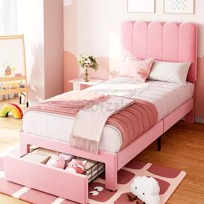 Pink soft boucle front drawer single bed