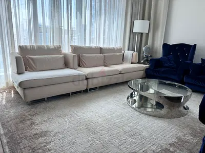 Urgent Sale Sofa Set (3+1) with Blue Velvet Single Seaters and 4x Meter Grey Carpet - Good Condition