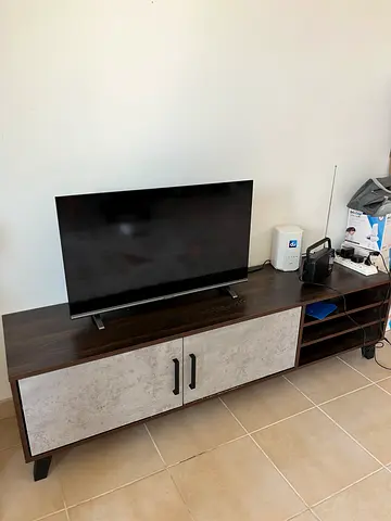 Dark Wood TV Unit with Concrete-Style Doors - Good Condition