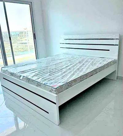 White King Bed Frame with Mattress - Modern Slatted Headboard