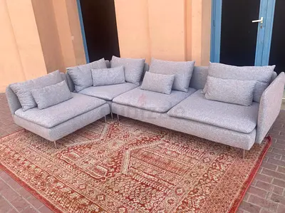 Ikea Sodhremn Corner Sofa Light grey upholstered L-shaped corner sofa with cushions - good condition