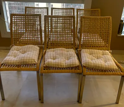 Set of 6 Woven Rattan Dining Chairs with Cushions