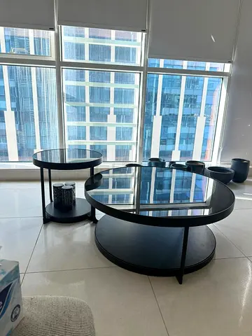 Set of 2 Modern Black Glass Coffee  Side Tables