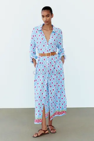 Zara Printed Tunic Dress in Blue Baby Blue With Belt