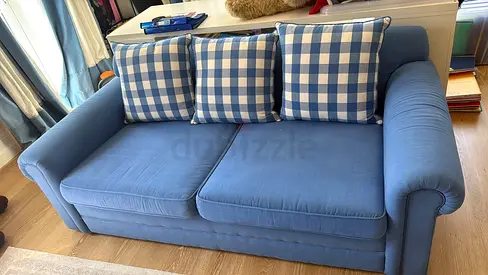 Blue 3-Seater Sofa with Bed Checkered Cushions - Very Good Condition