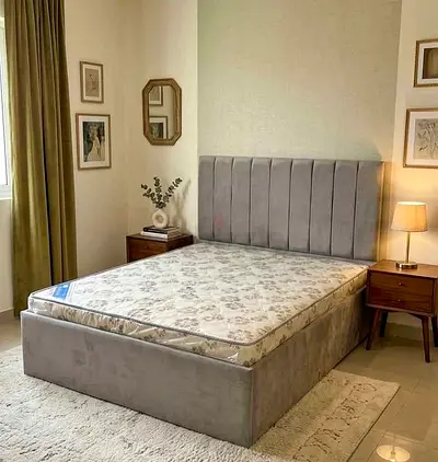 Grey upholstered double bed frame with headboard and mattress (good condition)