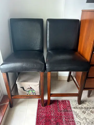 Set of 2 Dark Brown Wood counter Chairs with Black Faux Leather Seats