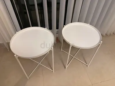 İKEA tray table Pair of white round metal side tables with removable trays both 70 AED