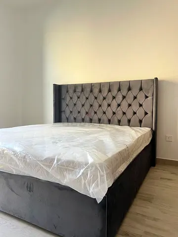 Brand New King Size Grey Velvet King Bed with Tufted Wingback Headboard