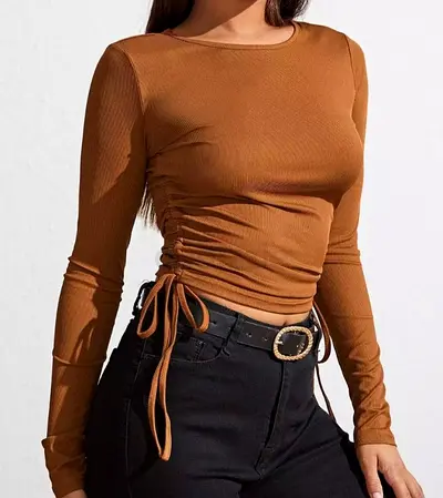 Brown Long Sleeve Side-Tie Ribbed Top - Size S/M