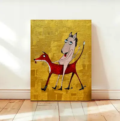 Original Whimsical Acrylic Painting of Two Stylized Animals on Gold Background
